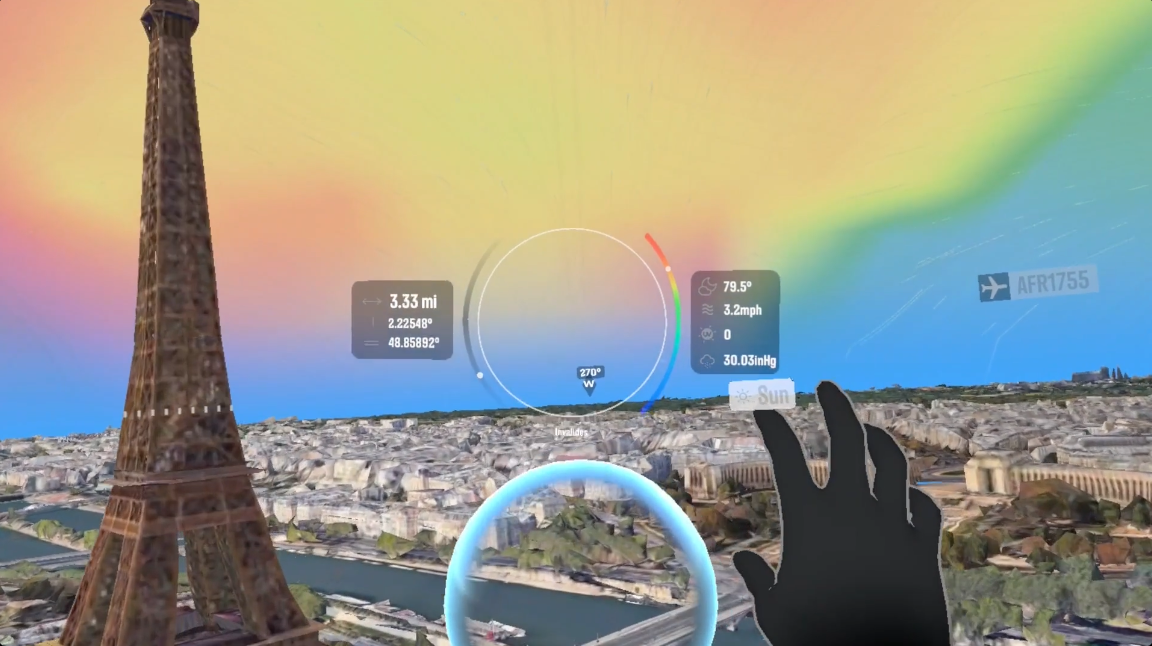 A virtual reality interface showing a hand interacting with a 3D augmented reality view of Paris, featuring the Eiffel Tower. Data overlays display metrics such as distance, altitude, and speed, alongside environmental information like temperature and pressure. A gradient sky shifts in color, enhancing the immersive data interaction experience.